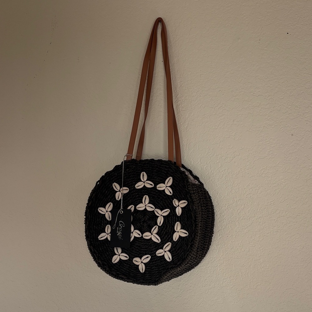 Black Woven Round Tote with Shell Embellishments